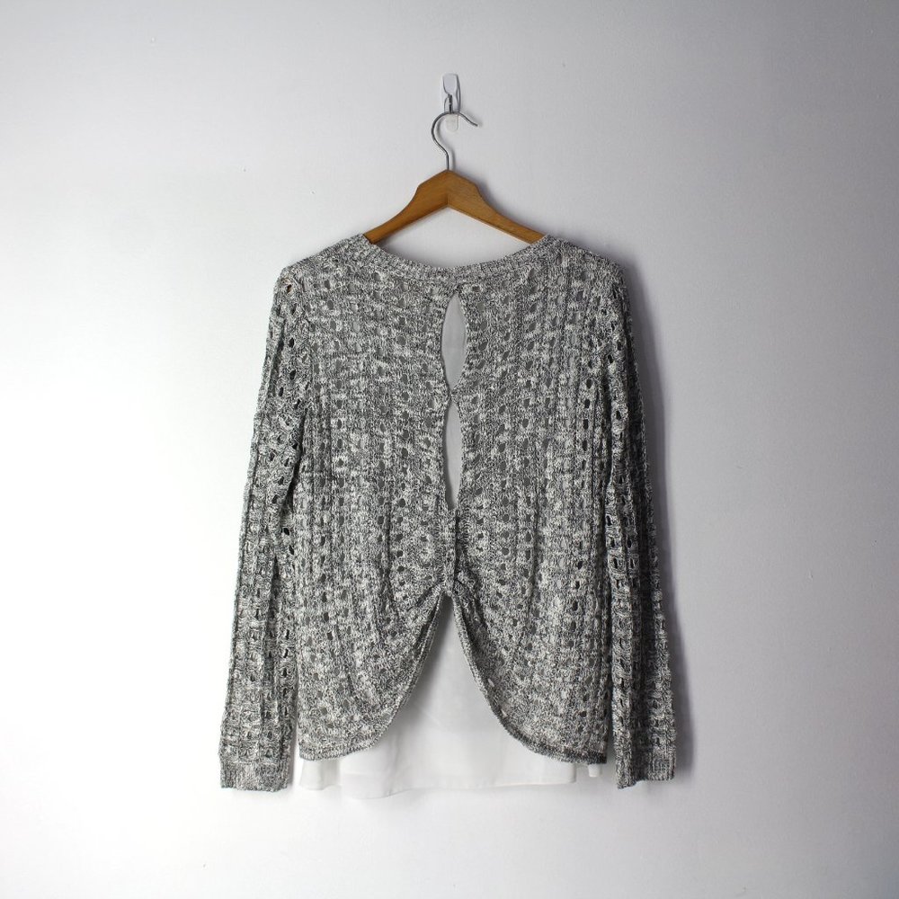 Sioni studio mixed media open knit sweater top cute back sz L marled white black